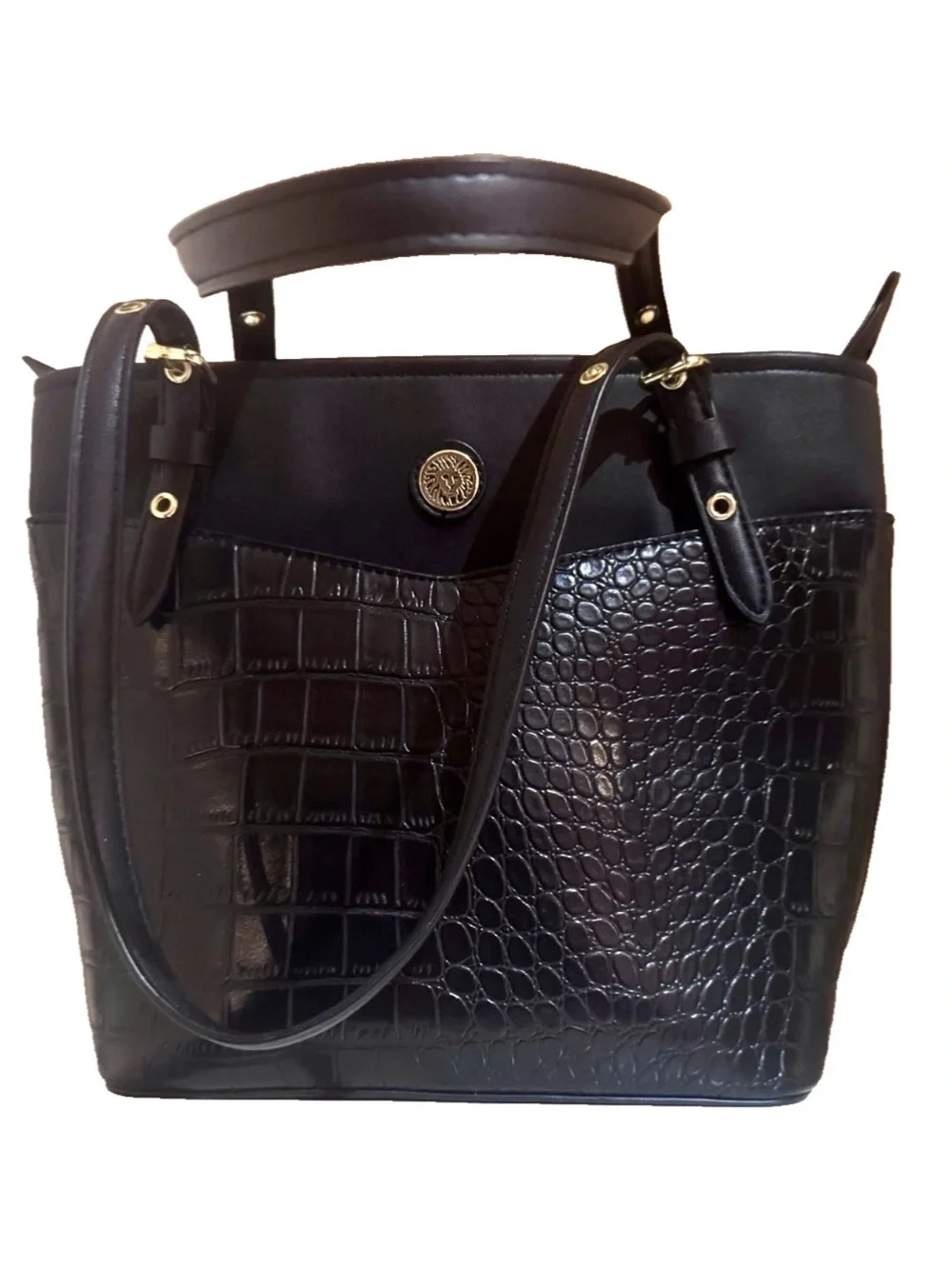 🖤ANNE KLEIN🖤 CROC EMBOSSED FRONT POCKET SLEEVE ADJUSTABLE STRAPS BUCKET TOTE BAG